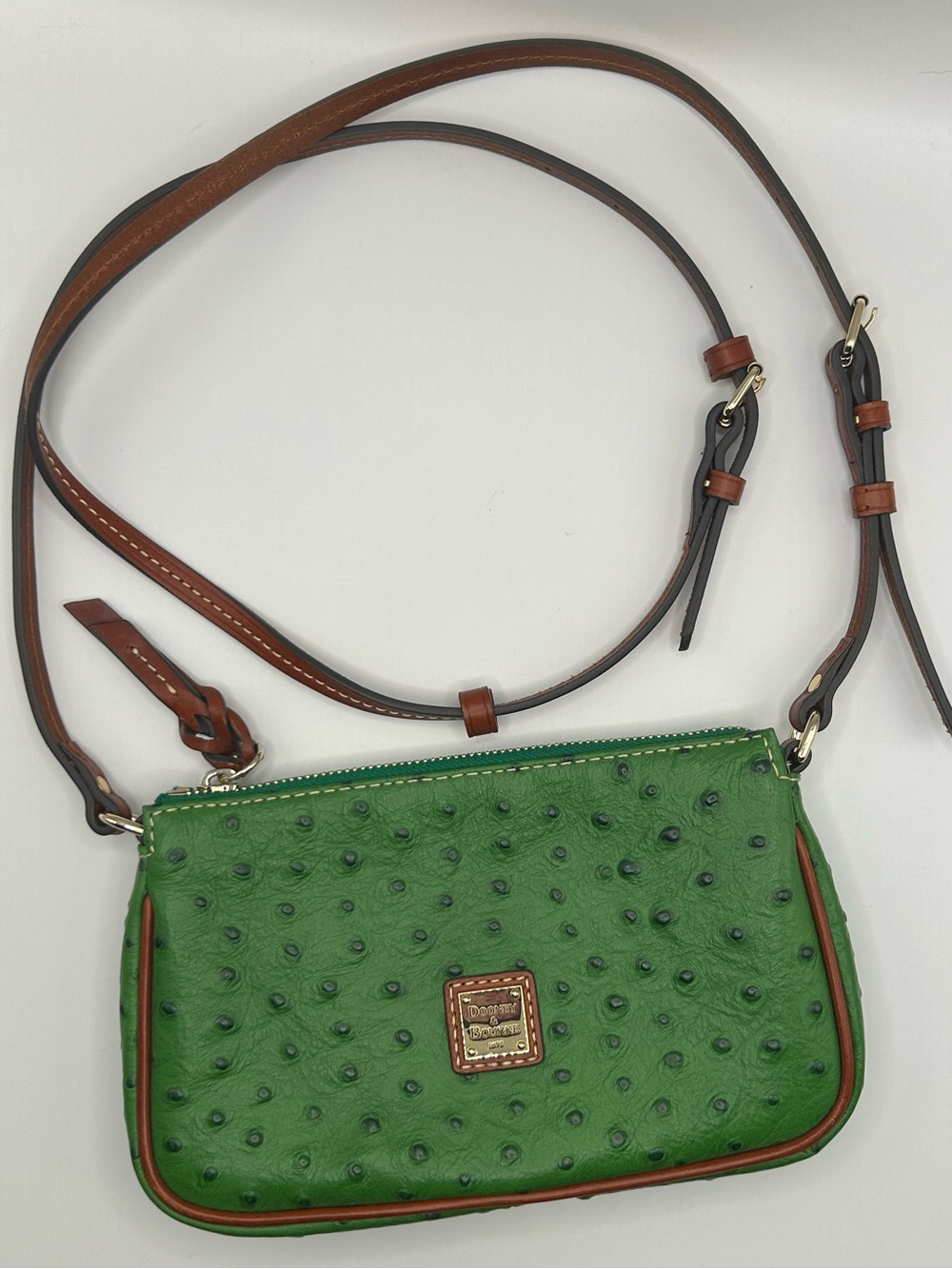 Dooney & Bourke Green Lexi Ostrich-Embossed Leather Crossbody with Brown Strap